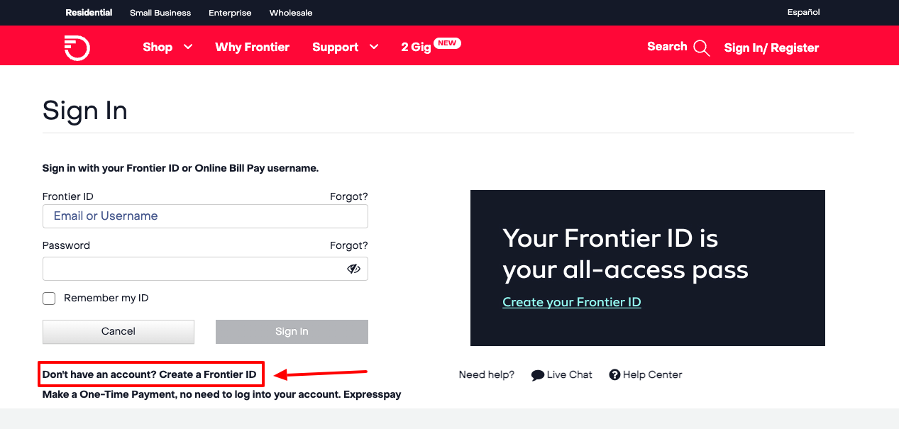 frontier create account page